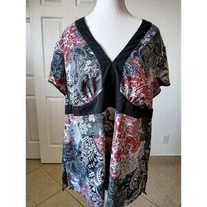 Fashion Bug Womens Babydoll Top 22/24W Black Gray Red‎ Paisley Print Tunic